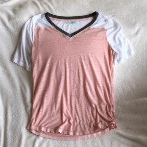 MAURICES women’s MEDIUM, thin see through shirt. White/Peach with Gray trim.